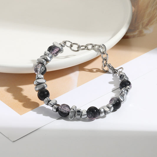 Hip-hop Streetwear Geometric Titanium Steel Stainless Steel Double Layer Cracked Bead Bracelet for Men and Women