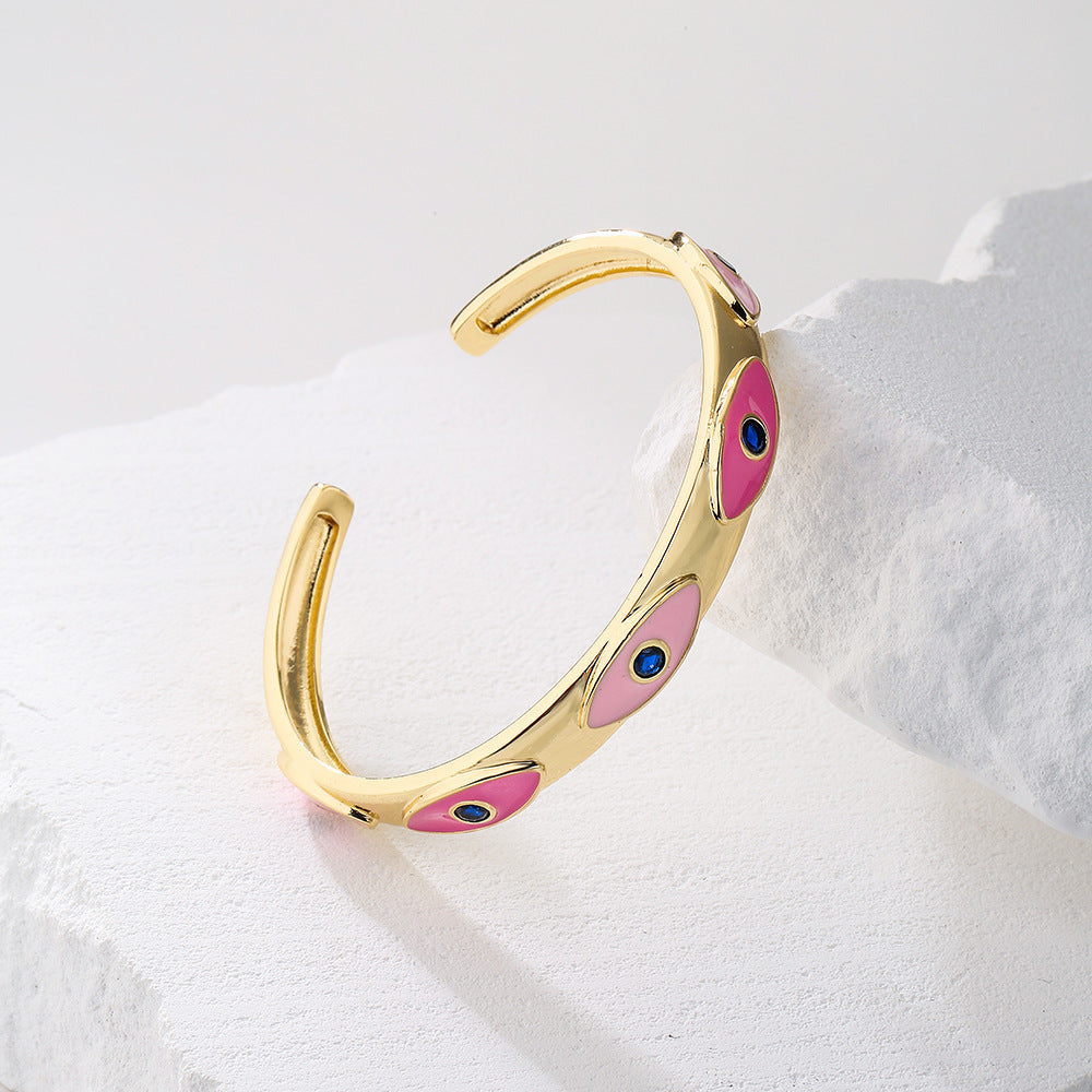 Bohemian Style Enamel Zircon Eye Bracelet for Women Copper Gold-Plated Open Bangle with Geometric Pattern