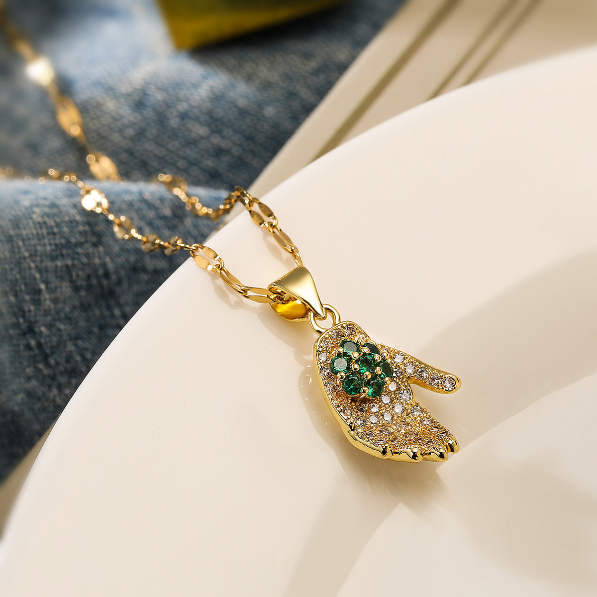 Minimalist Geometric Hand-Shaped Pendant Necklace for Women in Brass with Real Gold Plating and Zircon Inlay