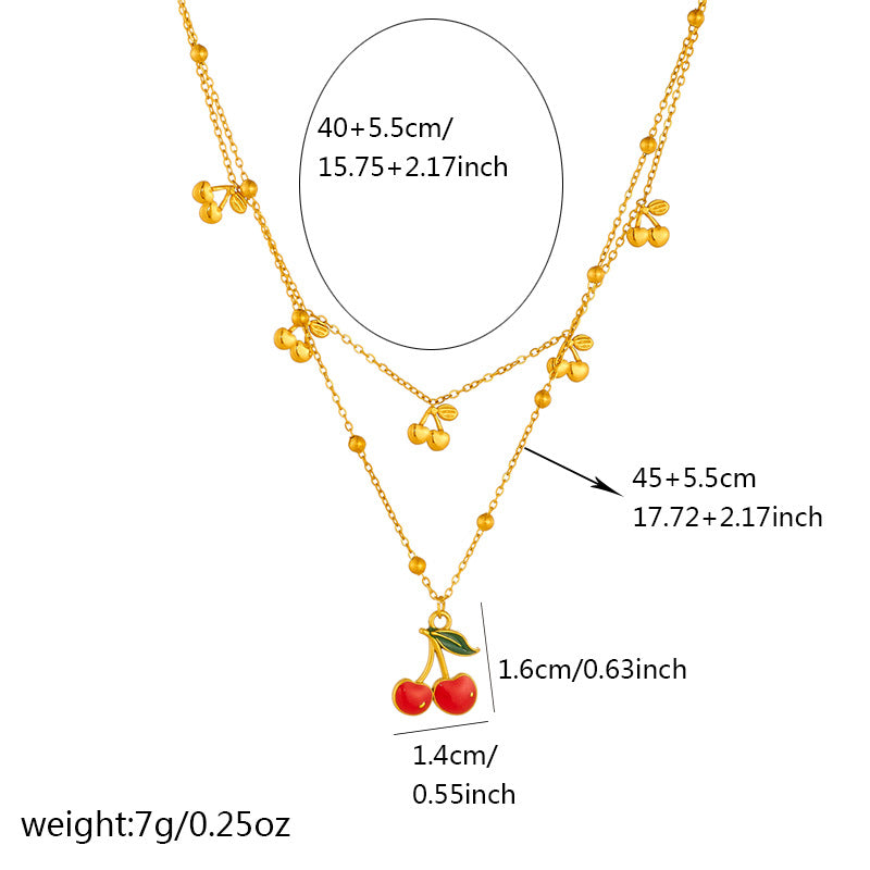 Sweet Red Drip Oil Cherry Fruit Pendant Stainless Steel Double Layer Cable Chain Necklace