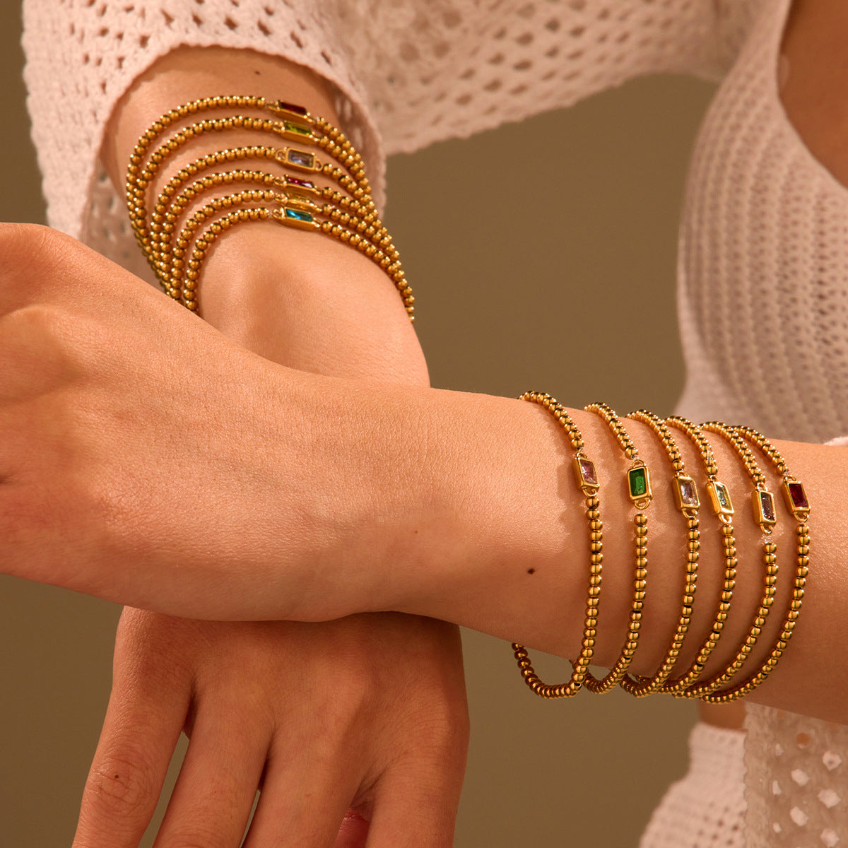 Fashionable OL Style Geometric Stainless Steel Beaded Bracelet with 18K Gold Plating and Colorful Zircon Birthstone Accents