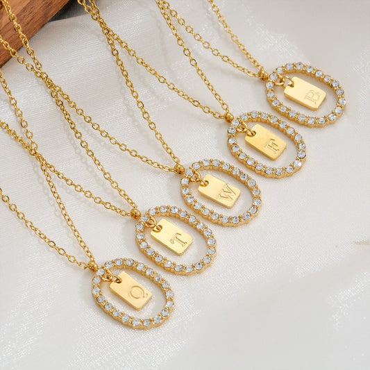 Minimalist Fashionable Oval Stainless Steel Letter Necklace with Micro-Pave Rhinestone Accents, Gold-Plated, O-Chain, Women's Versatile Sweater Chain