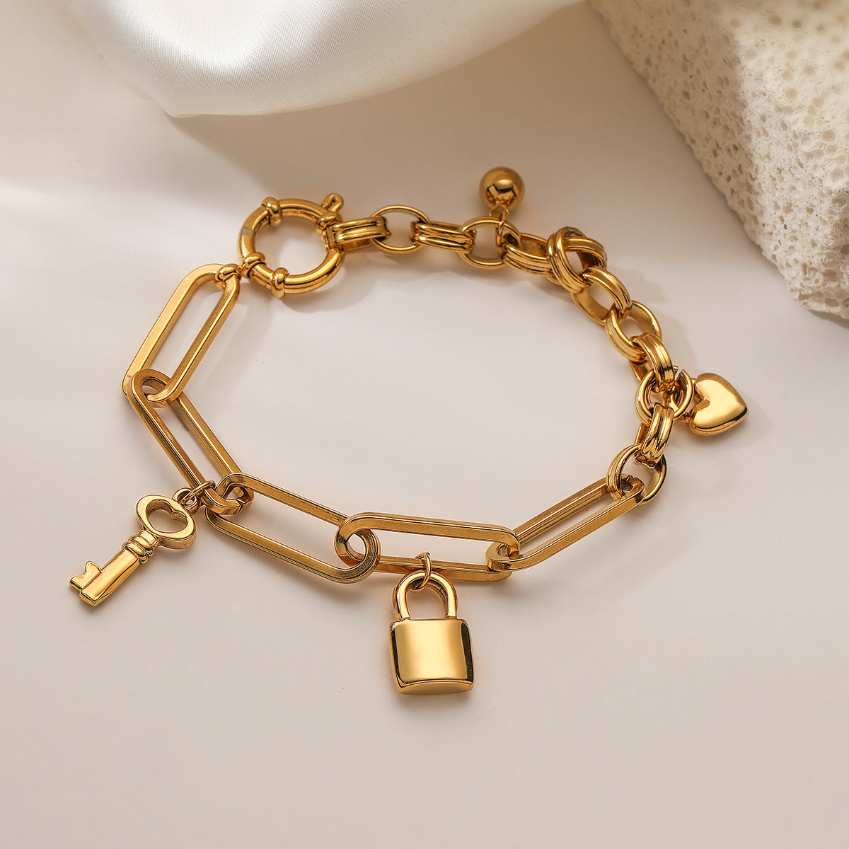 Minimalist Heart Lock Key Pendant Bracelet for Women in Titanium Steel with 18K Gold Plating