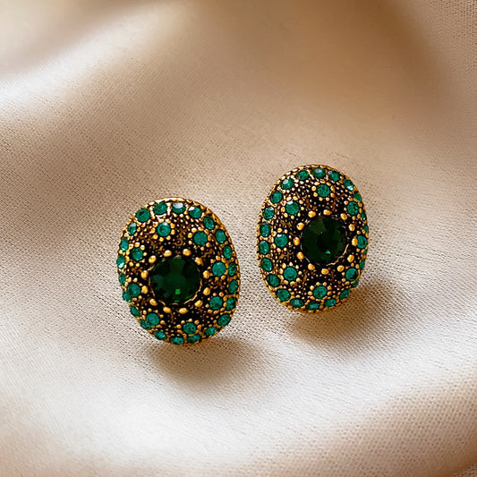 Orecchini ovali geometrici stile vintage da donna, con intarsi di strass e base in lega placcata oro