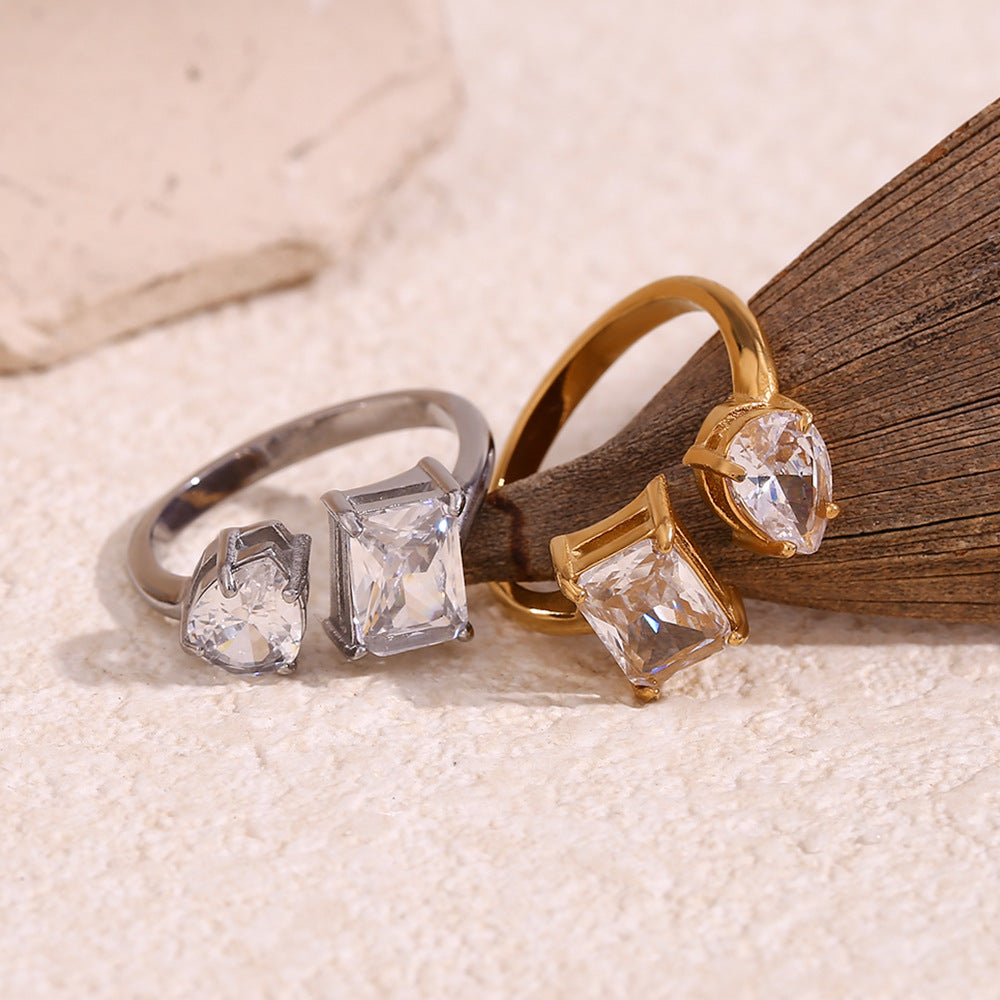 Creative Geometric Stainless Steel Ring with 18K Gold Plating and Square Zirconia Accent for Women