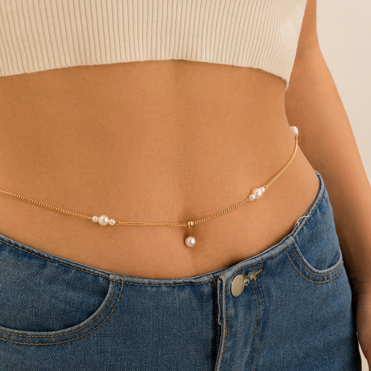 Sexy Cubic Zirconia Imitation Pearl Tassel Body Chain Titanium Steel Plated Belly Button Jewelry for Women