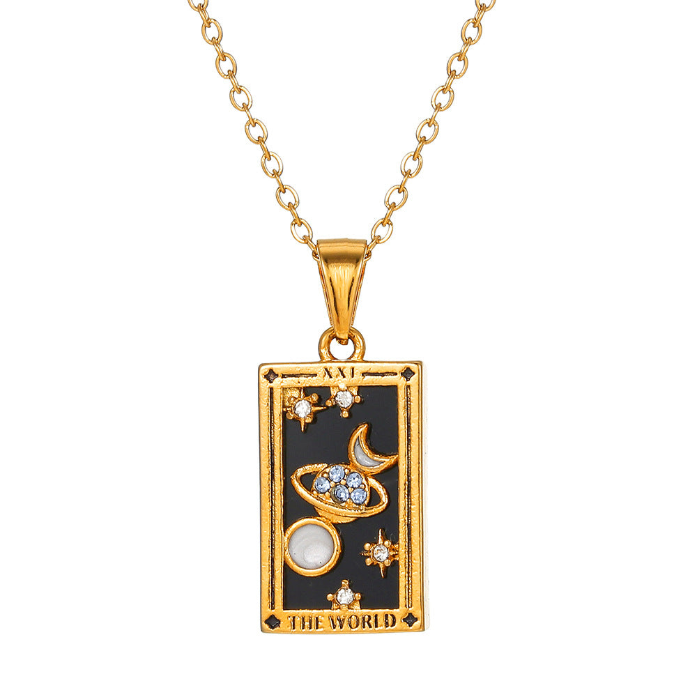 Vintage Casual Rectangle Drip Oil Cubic Zirconia Stainless Steel Necklace with Geometric Tarot Pendant Cable Chain Unisex
