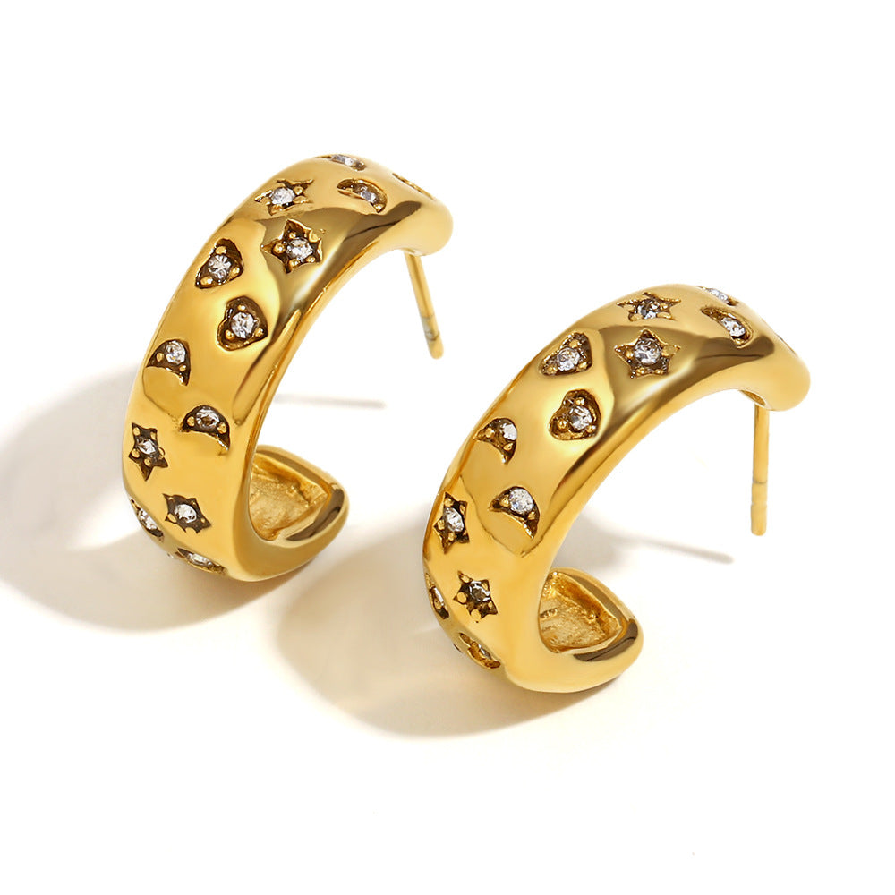 Minimalist Geometric Star and Moon Stainless Steel Earrings with 18K Gold Plating and Cubic Zirconia Accents