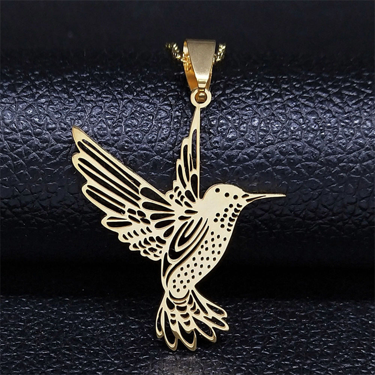 Elegant Hummingbird Pendant Necklace in Stainless Steel with Polished Finish, Geometric Silhouette, Floral Daisy Accent, Minimalist and Feminine Style