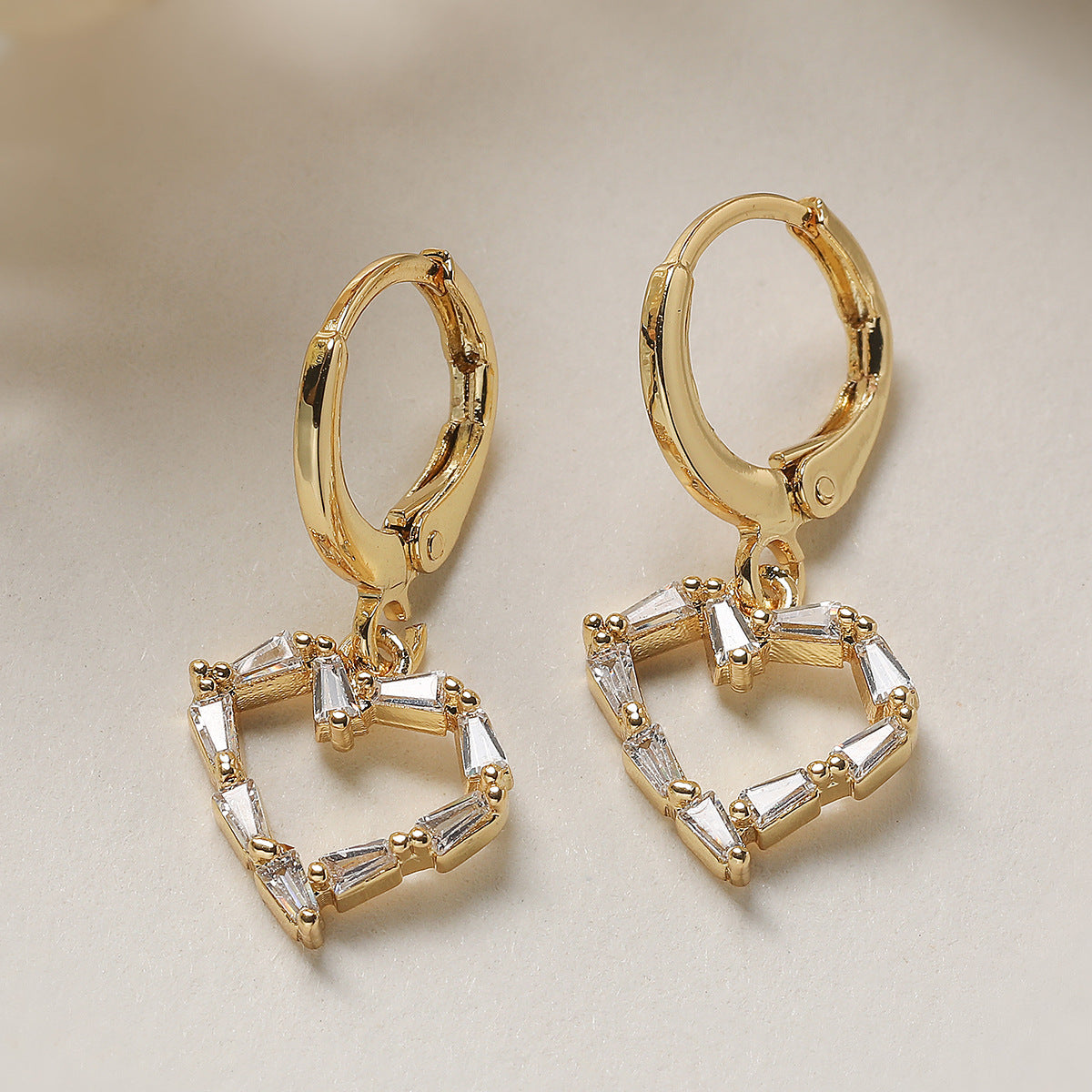 Elegant Heart Shaped Brass Gold Plated Earrings with Cubic Zirconia for Women