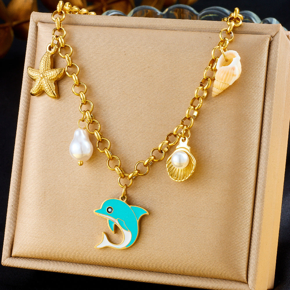 Personality Drip Oil Stainless Steel Dolphin Starfish Pearl Shell Necklace with Thick Chain for Women