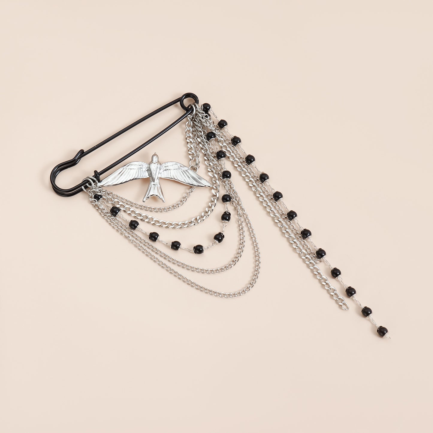 Fashion Geometric Alloy Plated Brooch with Black Beaded Tassel and Multi-layer Chain for Women