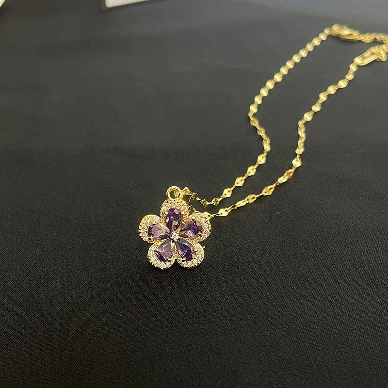 Minimalist Daisy Pendant Necklace for Women Titanium Steel Five-Petal Flower Design with Micro-Pave Rhinestone Accents
