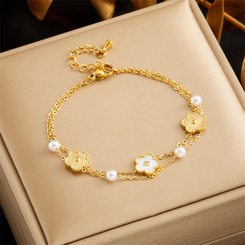 Vintage Business Casual Plated Stainless Steel Box Chain Bracelet with Square and Flower Accents