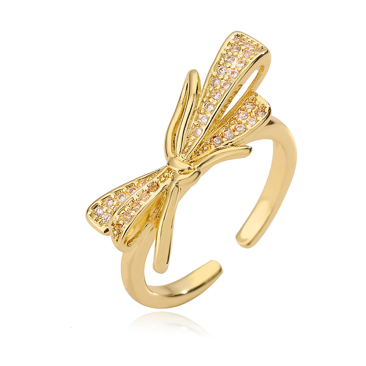Sweet 18K Gold Plated Brass Geometric Bow Knot Ring with Cubic Zirconia for Women