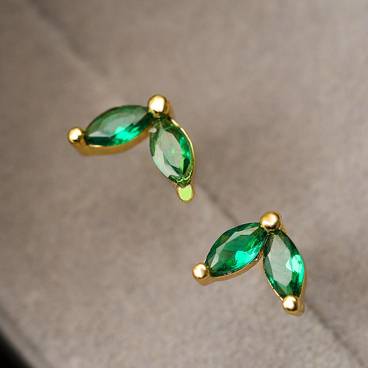 Minimalist 18K Gold Plated Brass Geometric Leaf Stud Earrings with Cubic Zirconia for Women