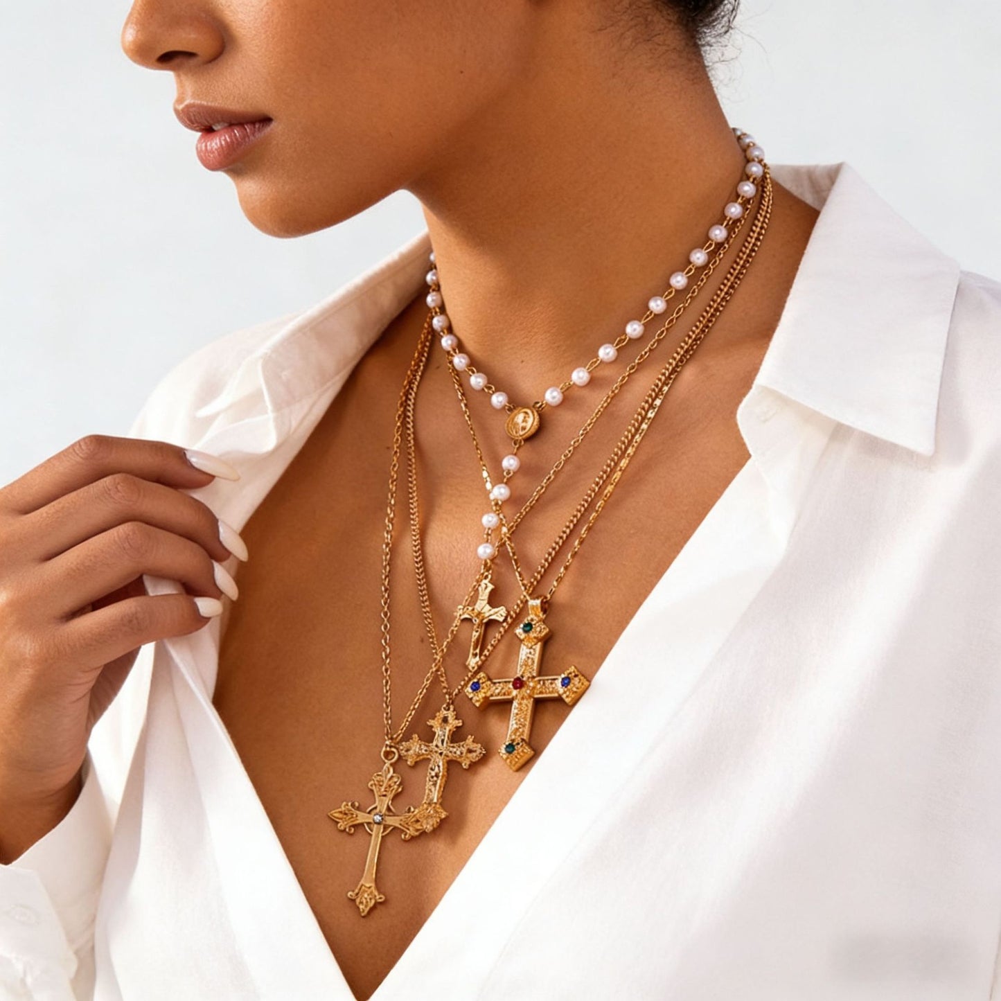 Collana pendente a croce geometrica hip-hop con catena in lega placcata e perle finte, unisex
