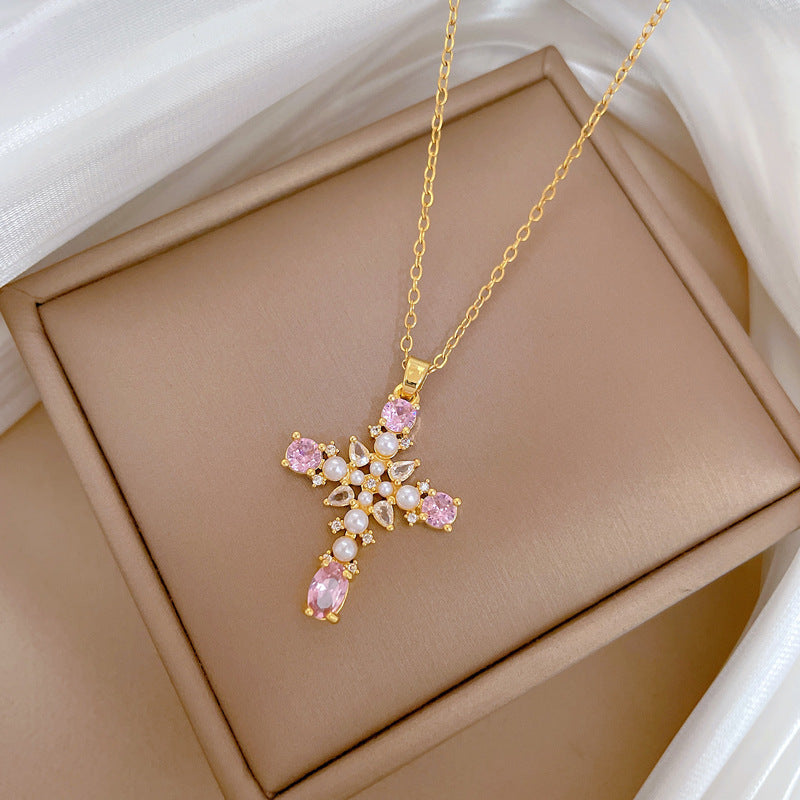 Minimalist Cross Pendant Necklace in Titanium Steel with Pearl Accents and Full Rhinestone Inlay for Women