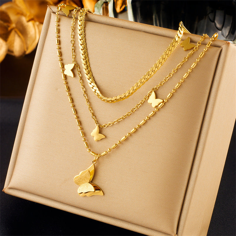 Vintage Luxury Gold Plated Heart Butterfly Round Stainless Steel Necklace with Pearl Multi-Layer