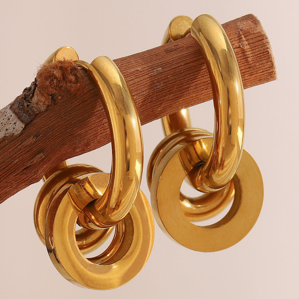 Orecchini a tre anelli geometrici minimalisti da donna in acciaio inossidabile placcato oro 18K