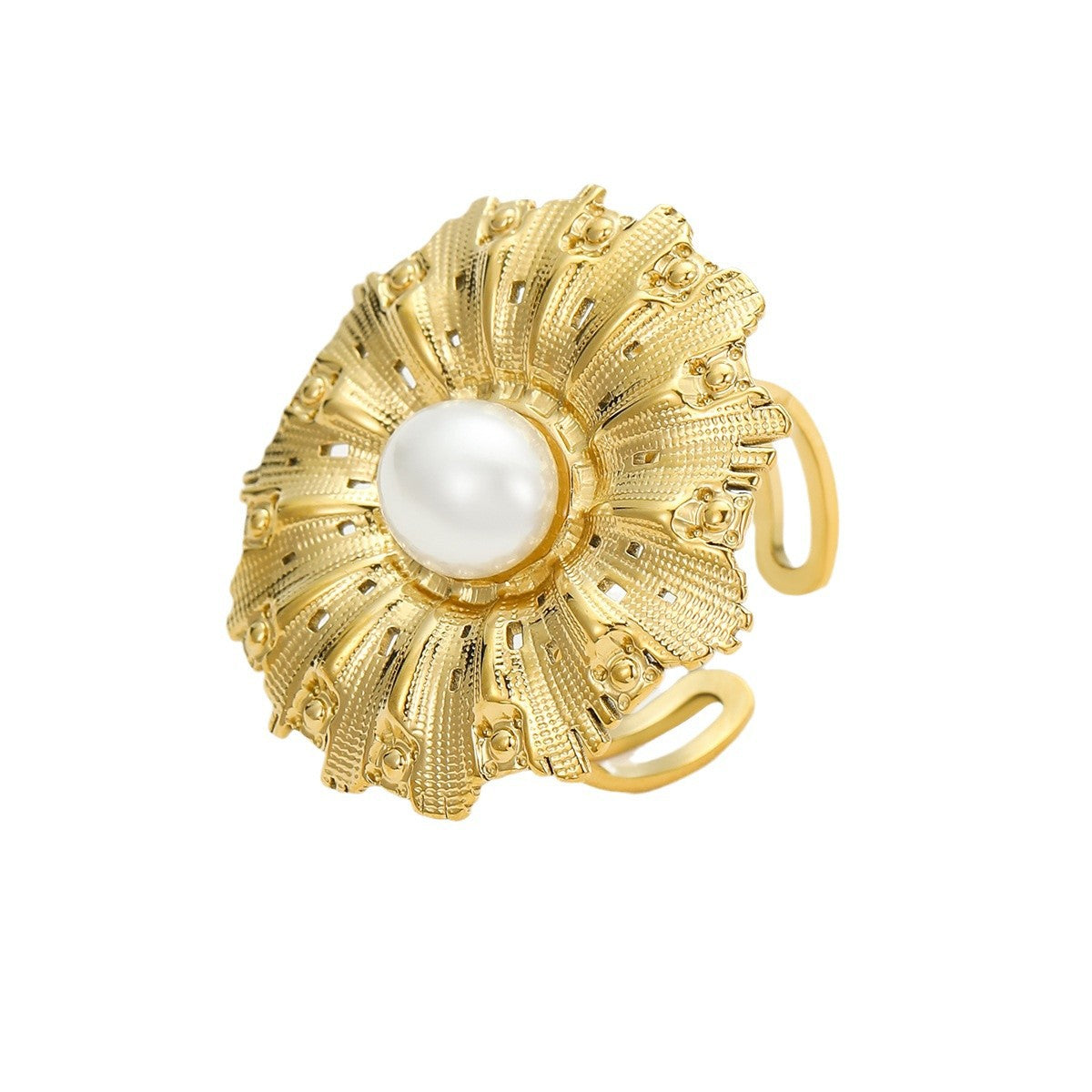 Anillo de acero de titanio con incrustaciones de perlas y textura floral geométrica irregular para mujer con acabado chapado