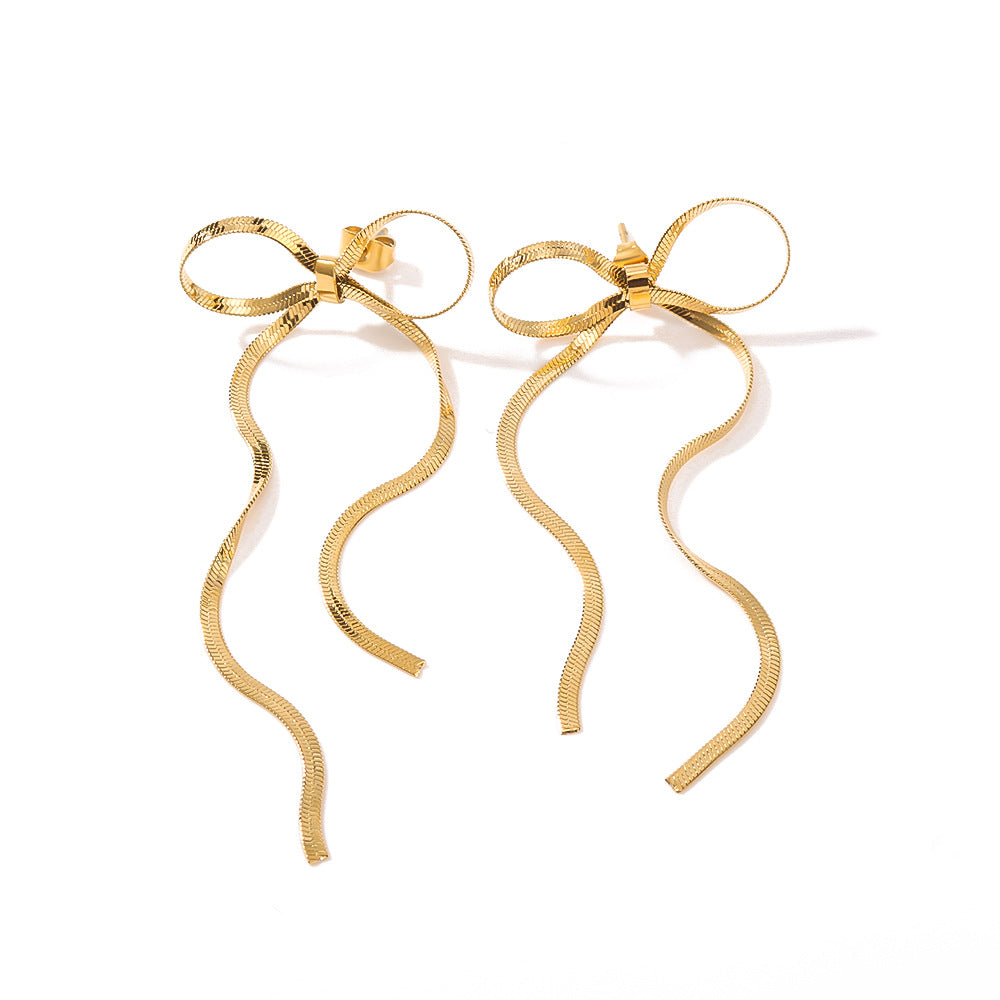 Fashion Bow-Shaped Tassel Long Earrings in Stainless Steel with 18K Gold Plated Snake Chain for Women