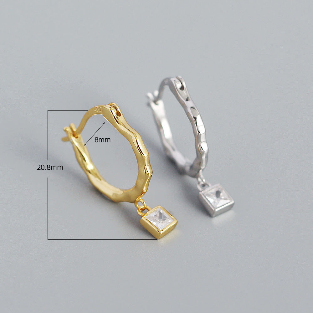 Vintage Minimalist 925 Sterling Silver Geometric Square Inlaid Rhinestone Hoop Earrings for Women
