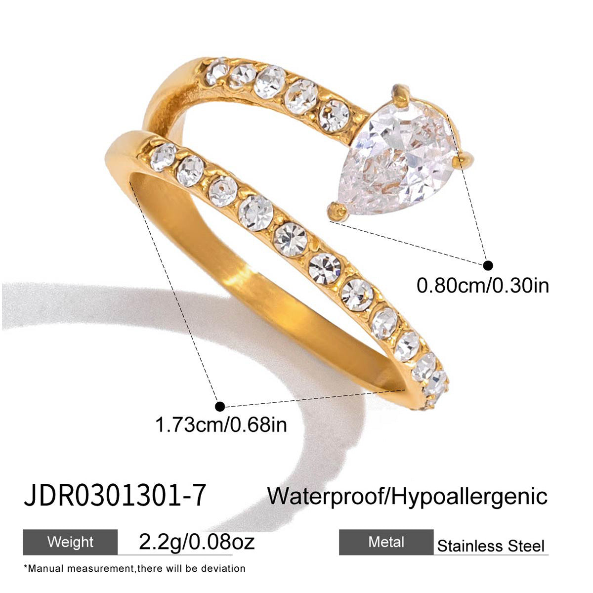 Anello aperto da donna in acciaio inossidabile geometrico placcato oro PVD con zirconi cubici