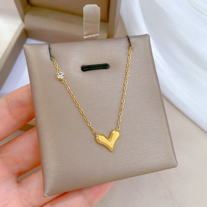 Minimalist Titanium Steel Heart Pendant Collar Chain with Zircon Floral Accents