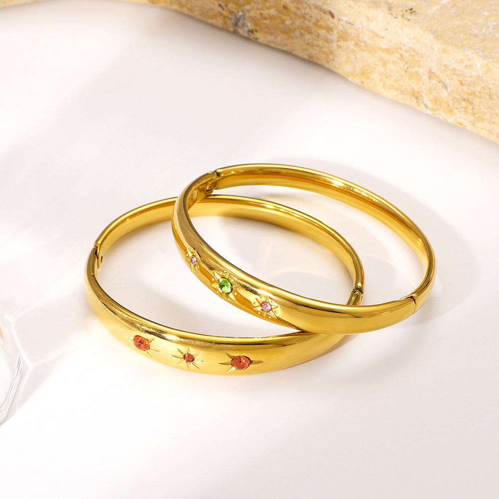 Vintage Style Geometric Stainless Steel Bracelet with 18K Gold Plating and Zircon Inlay for Women