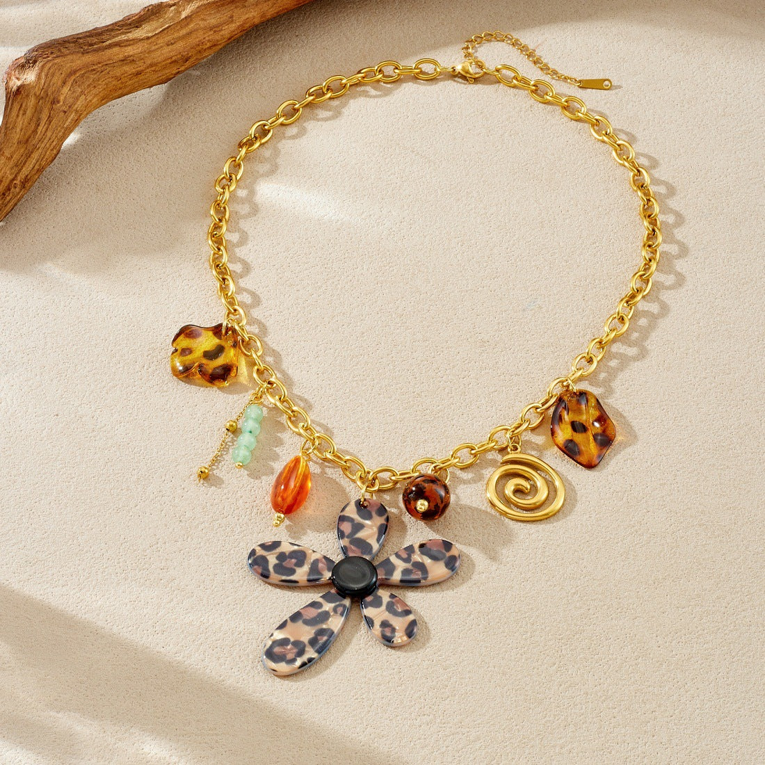 Vintage Leopard Print Floral Acrylic and Stainless Steel Gold Plated Tassel Necklace for Women