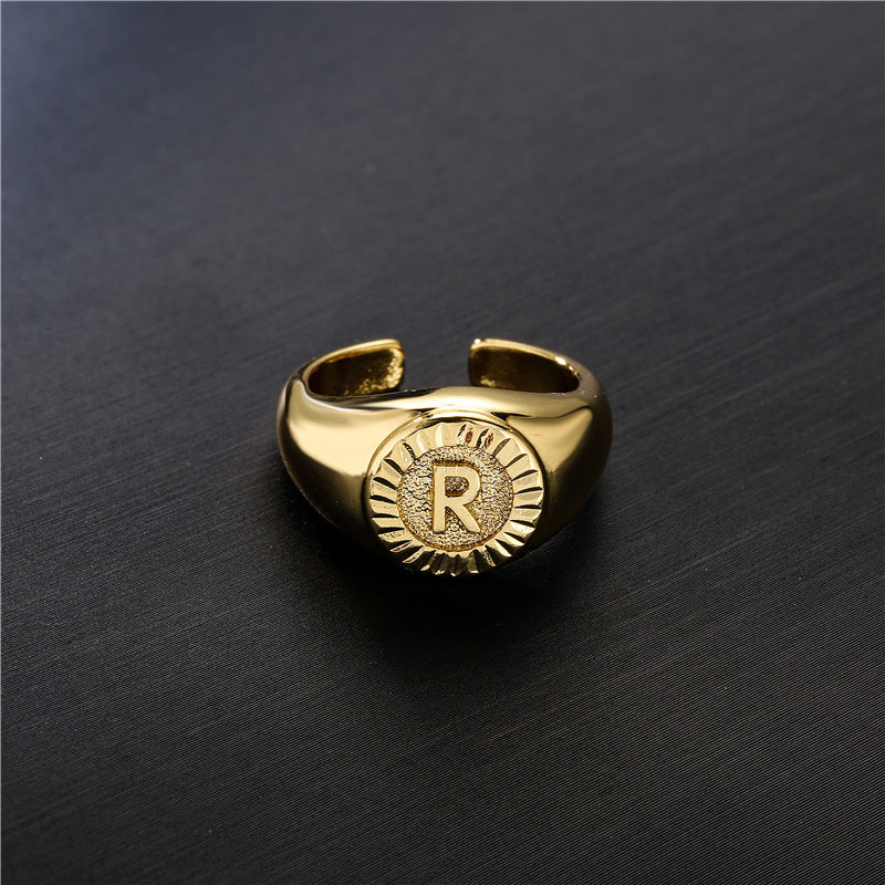 Minimalist Letter Ring in Copper with 18K Gold Plating Adjustable Open Band for Women