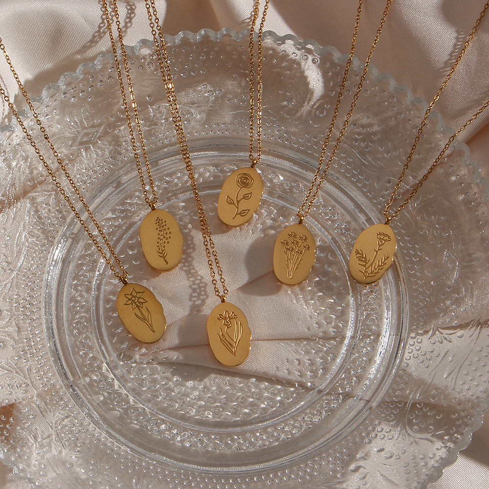Abstract Irregular Oval Floral Pendant Necklace for Women in Stainless Steel with Electroplated Finish
