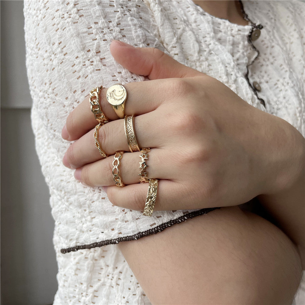 Minimalist Casual Geometric Star Moon Hollow Plated Alloy Ring Set for Women