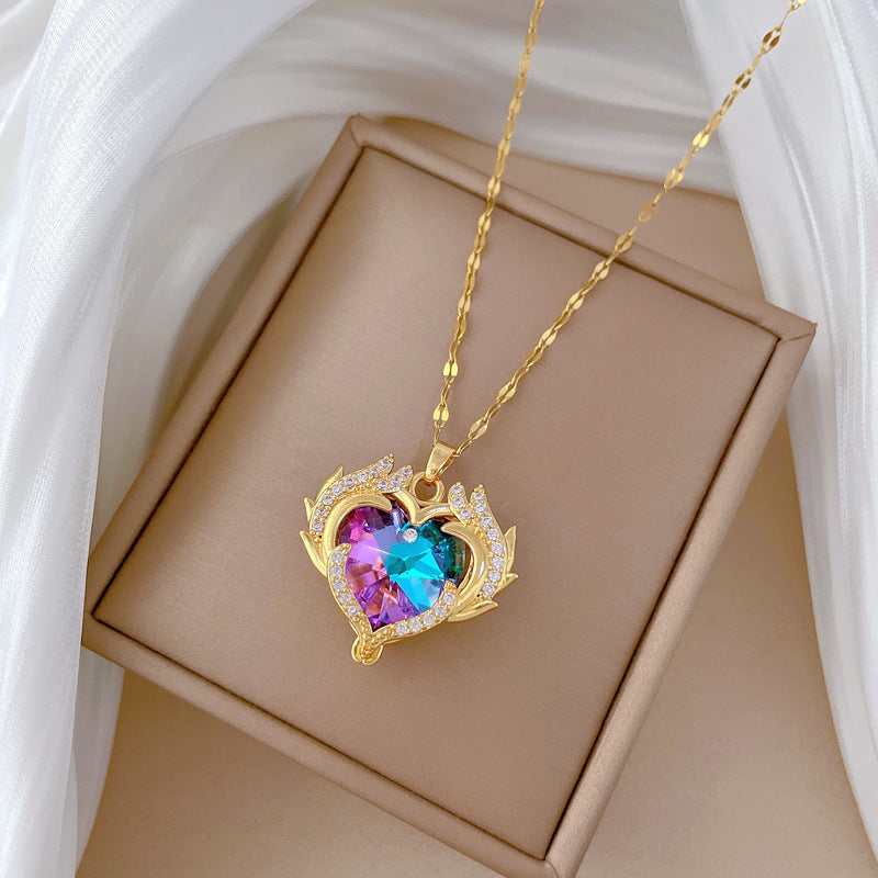 Collana Unisex in Acciaio Inossidabile a Forma di Cuore in Stile Cartone Animato con Intarsio di Strass, Catena a Medaglione Minimalista