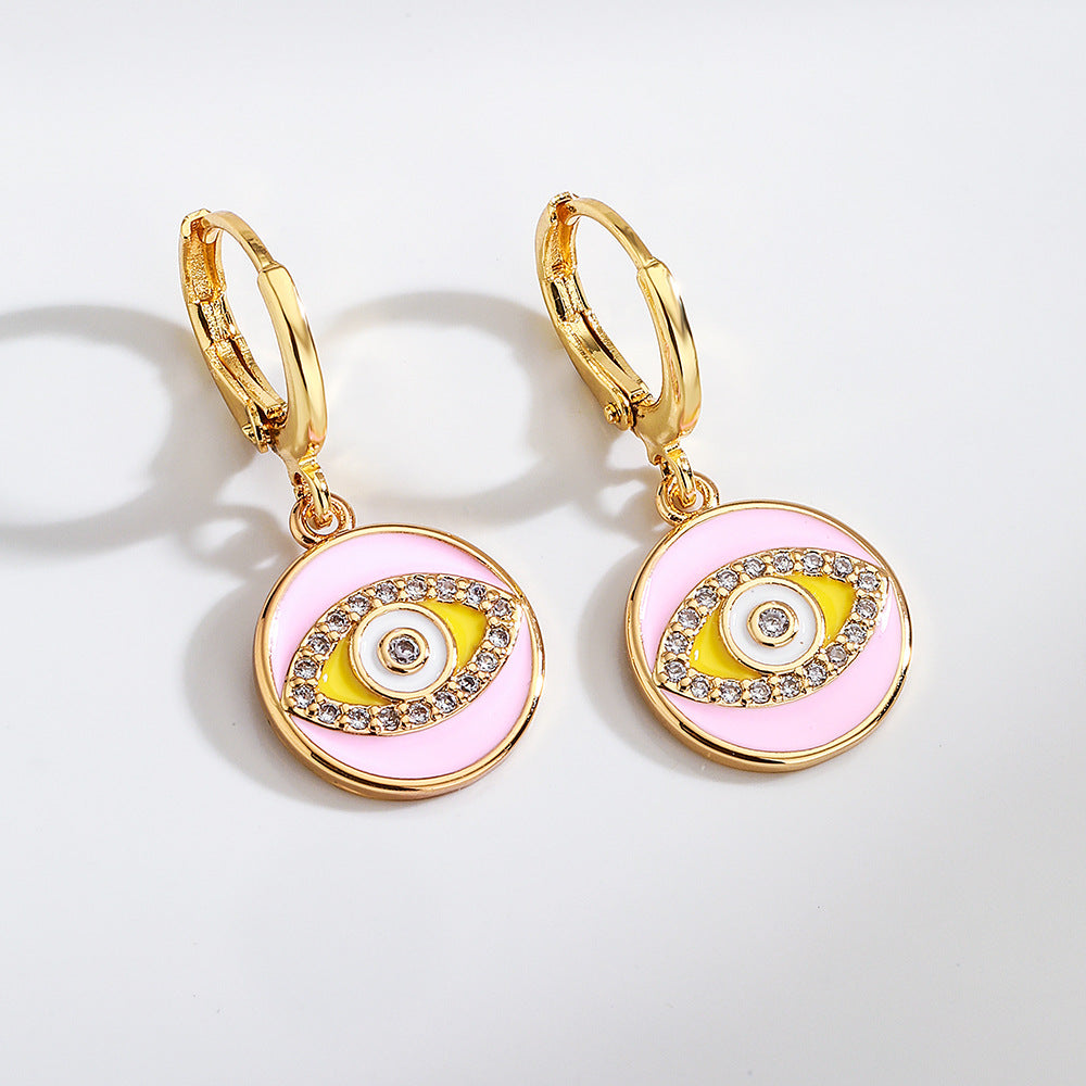 Orecchini da donna in rame in stile bohémien con placcatura in oro 18 carati e design a occhio di Allah geometrico smaltato in zirconia