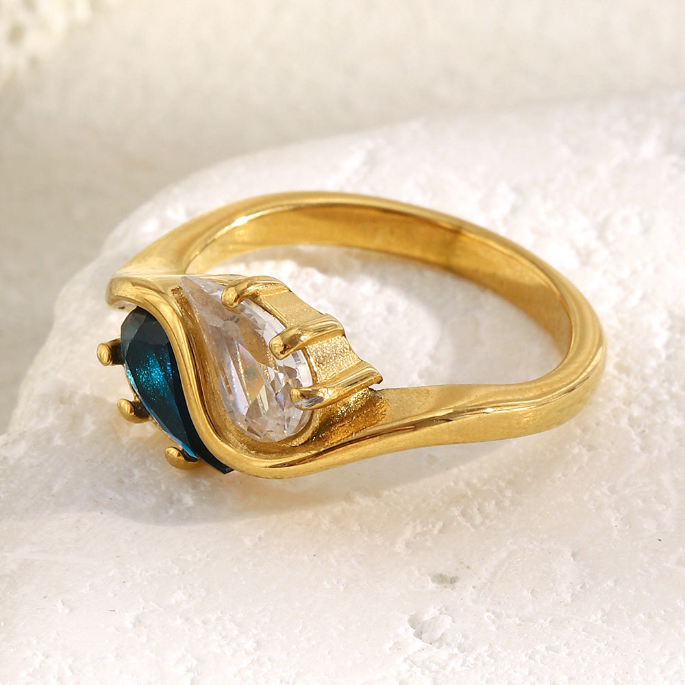 Anello da donna in acciaio inossidabile placcato oro 18 carati con zircone a goccia Tai Chi, geometrico e minimalista