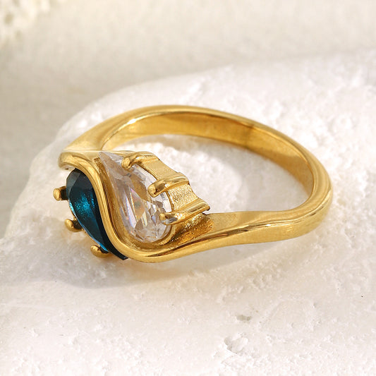Minimalist Geometric Stainless Steel Plated 18K Gold Water-Drop Zirconium Tai Chi Ring for Women