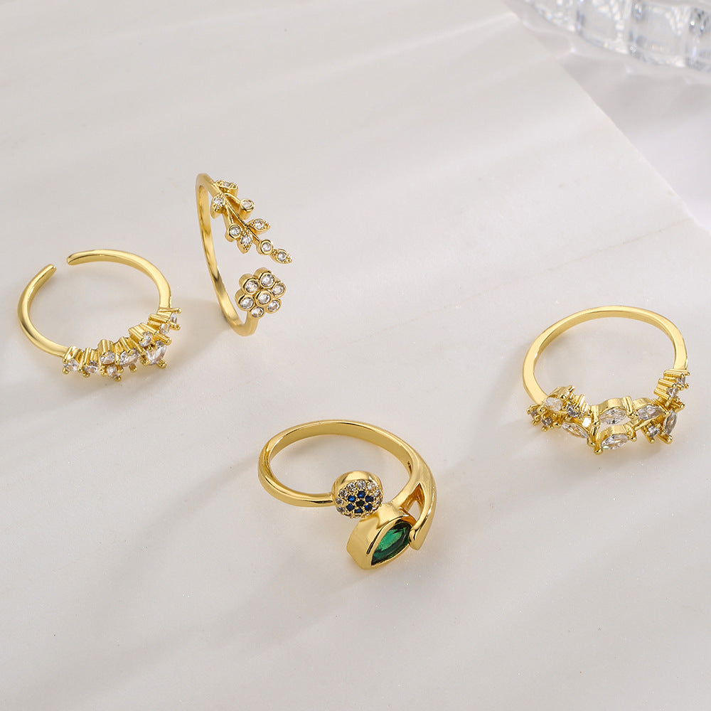 Minimalist Geometric Open Ring for Women in Brass with 18K Gold Plating and Zircon Inlay