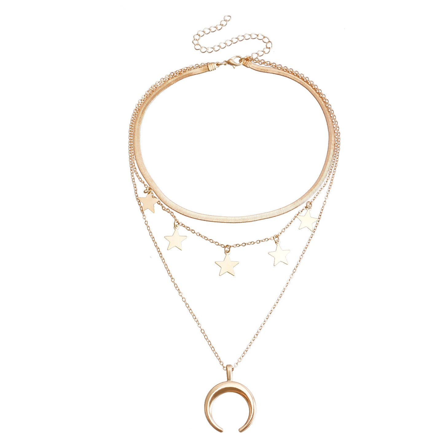 Punk Style Star and Crescent Moon Pendant Necklace with Tassels for Women Alloy Plated Clavicle Chain