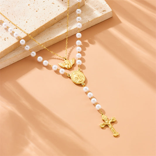 Collana con croce in acciaio inossidabile, nappe e perle, stile vintage, da donna