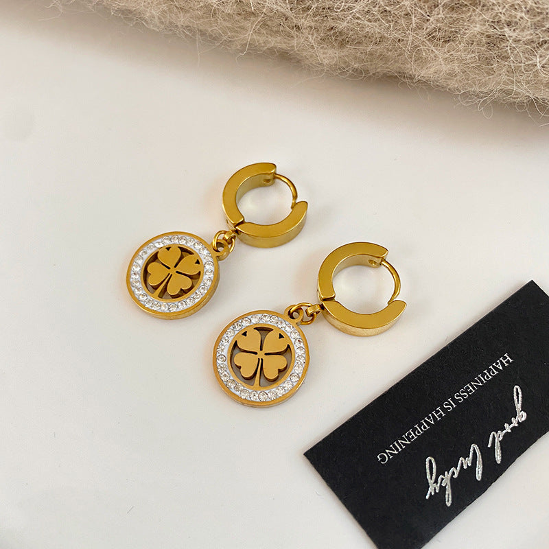 Gold Plated Titanium Steel Micro-Pave Diamond Hollow Round Geometric Necklace and Earring Set