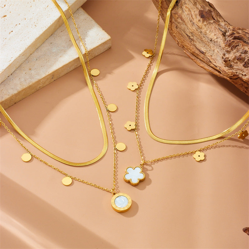 Minimalist Casual Double Layer Heart Butterfly Floral Stainless Steel Plated Pendant Necklace with Snake Chain for Women
