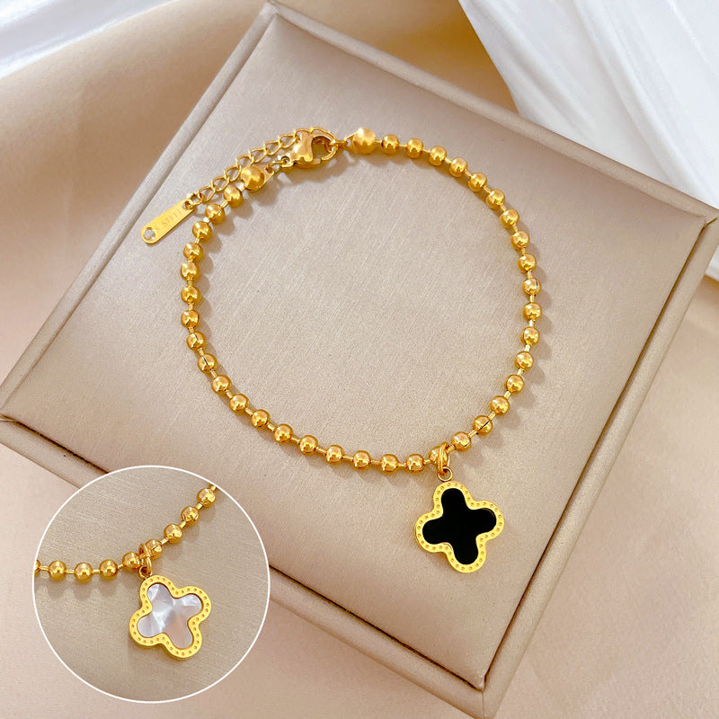 Vintage Titanium Steel Lucky Clover Beaded Bracelet for Women with Gold Plating and Wavy Texture