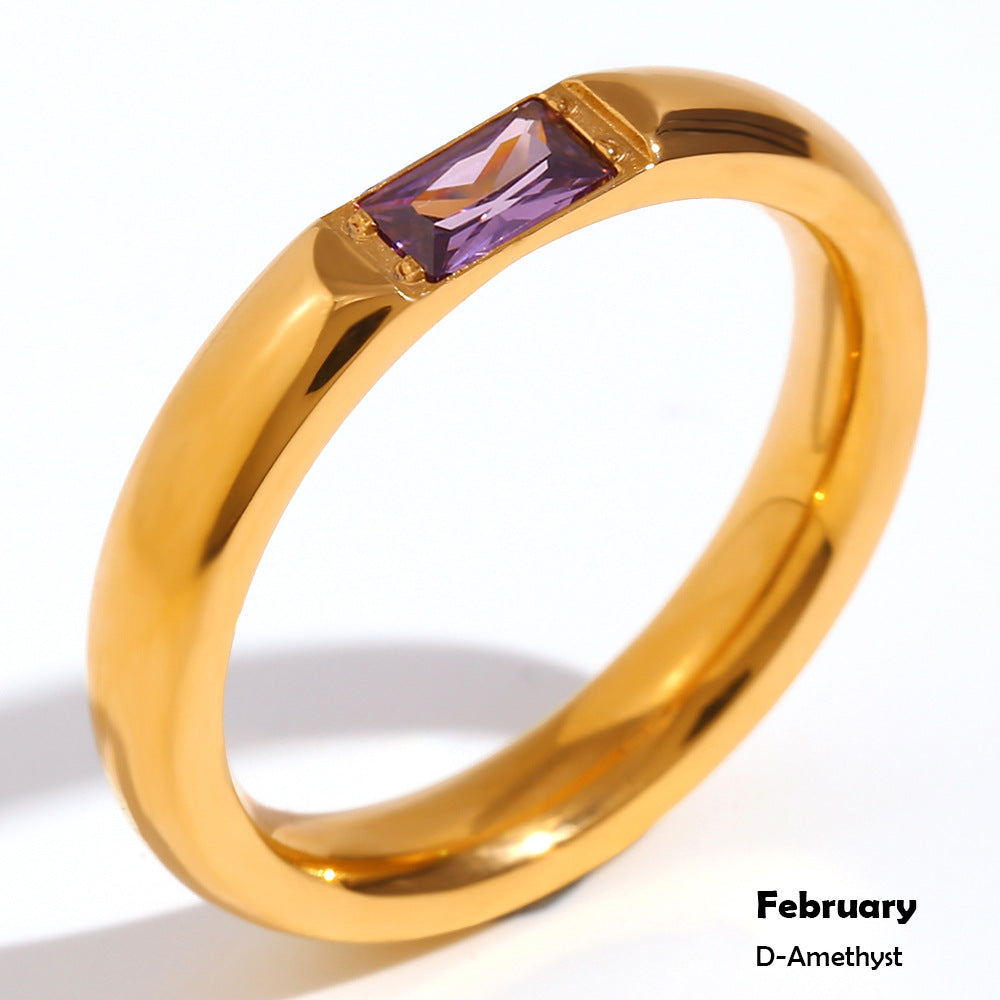 Anillo Minimalista Geométrico de Acero Inoxidable con Baño de Oro de 18K y Piedra Natal de Zirconia Rectangular para Mujer