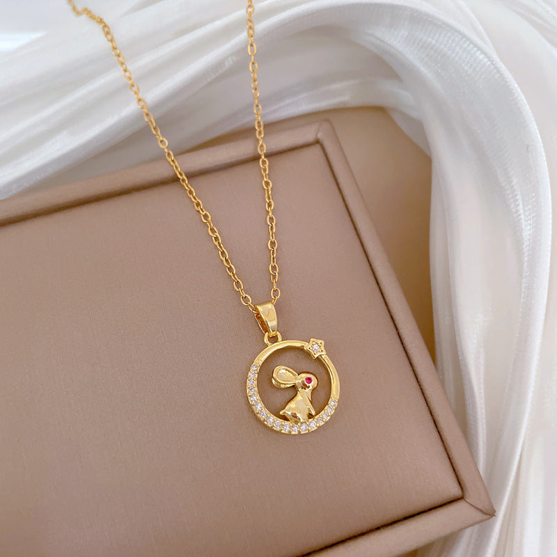 Minimalist Round Hoop Red-Eye Rabbit Pendant Necklace for Women in Titanium Steel with Full Rhinestone Accents and Delicate Clavicle Chain