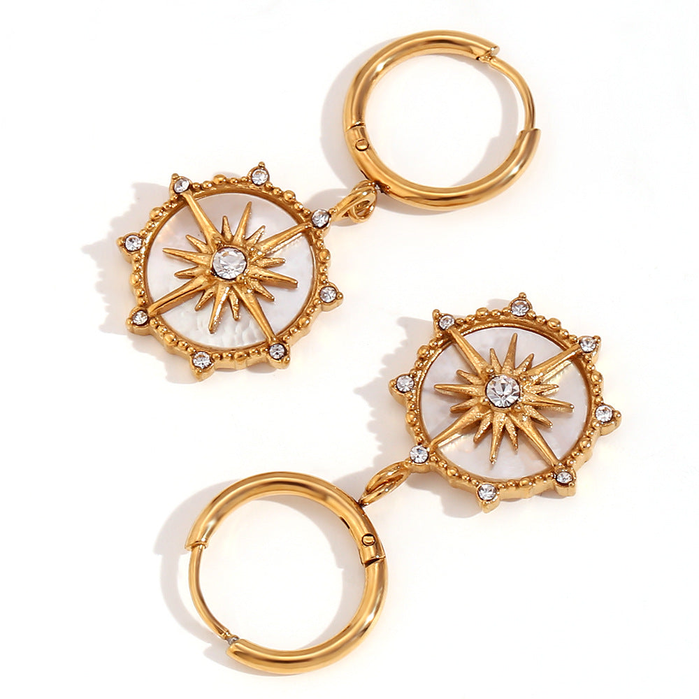 Vintage-Inspired Geometric Compass Earrings for Women Stainless Steel with 18K Gold Plating Star Pendant