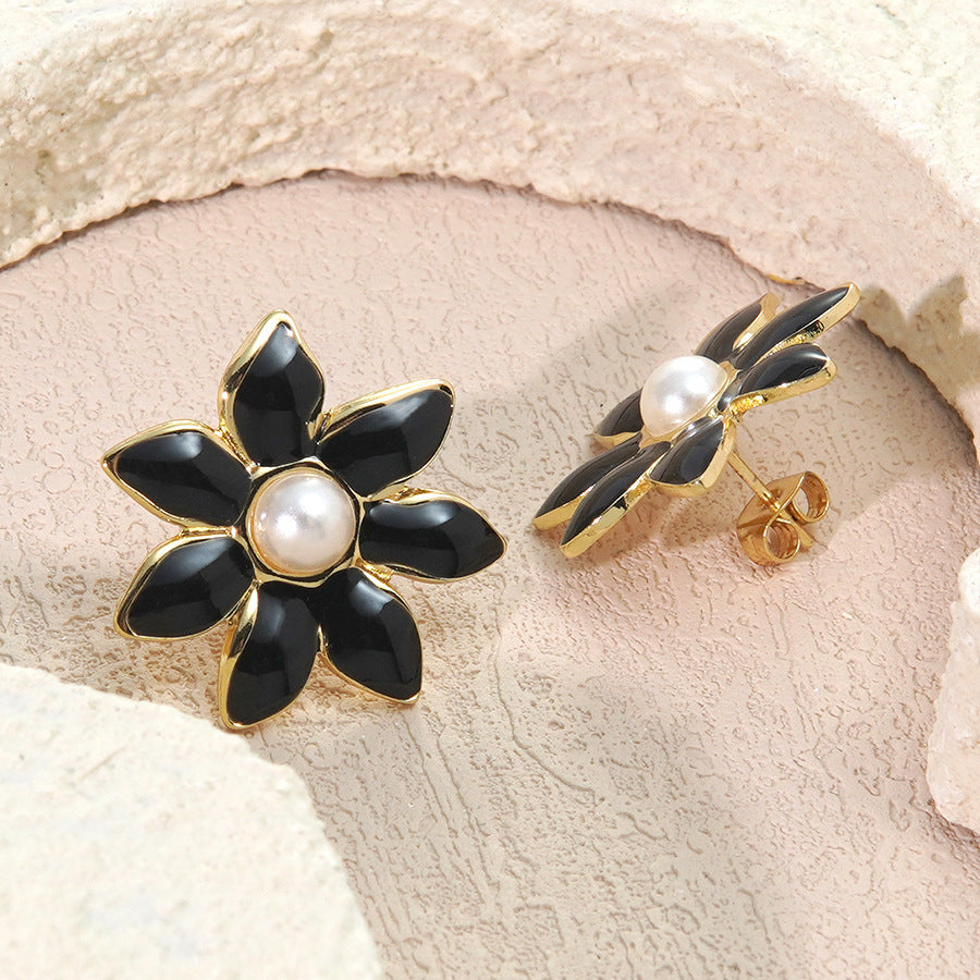 Vintage Elegant Drip Oil Floral Stainless Steel Pearl Stud Earrings