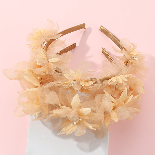 Diadema floral 3D estilo dulce de princesa para niñas, hecha de tela con detalles artesanales