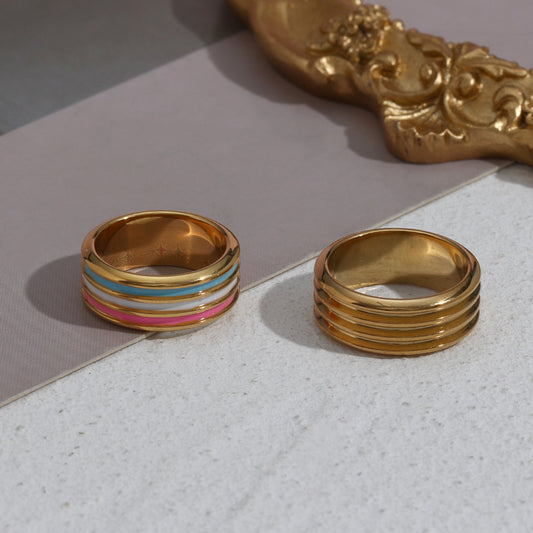 Anello da donna alla moda, vintage, geometrico, in acciaio inossidabile placcato oro 18 carati, smaltato e con filo